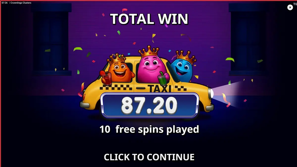 Tampilan visual ceria dari slot Crownlings Clusters dengan karakter blob neon.