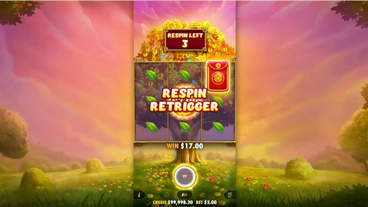 Lucky Fortune Tree slot game screen with golden coins and serene valley background
